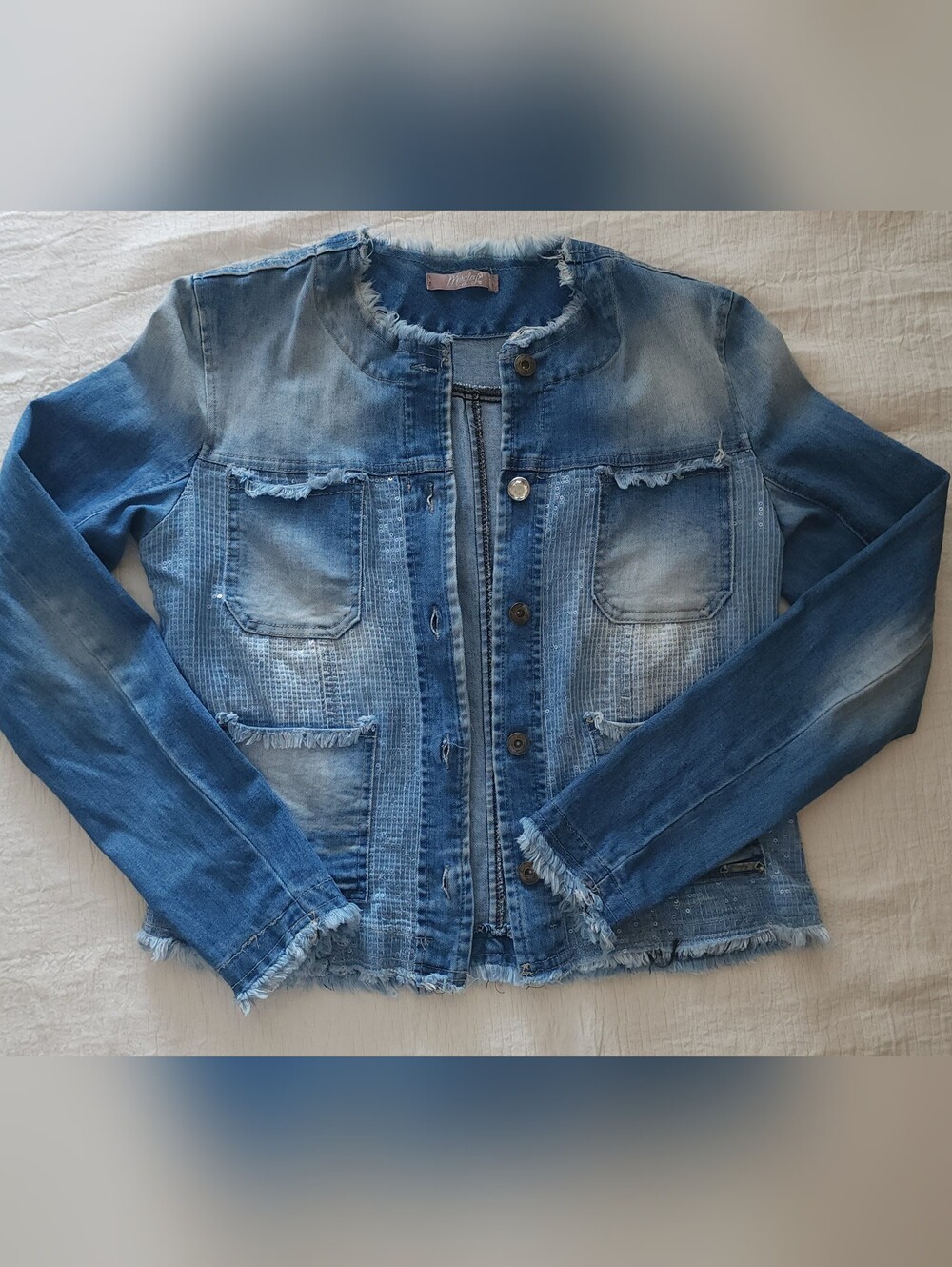 Maryley Made in Italy Distressed Denim Collarless Jacket with Sequins